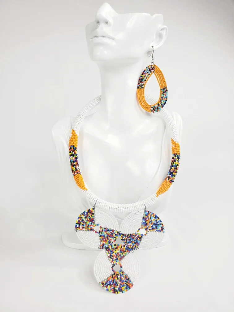 Hand-beaded White African Jewelry Set from Kenya thumbnail