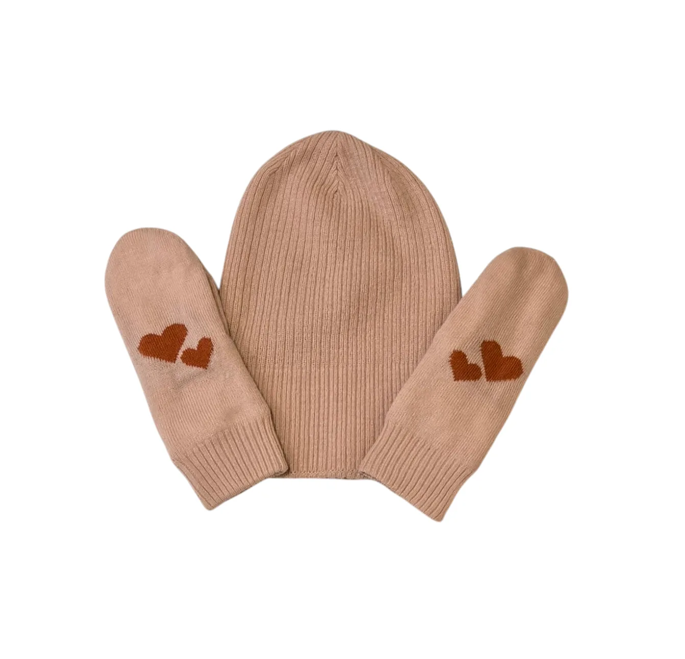 Pink Knit Hat and Mitten Set with Heart Detail thumbnail