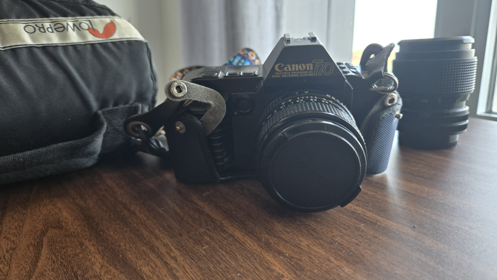 Canon T70 Film Camera with Lens and Camera Bag