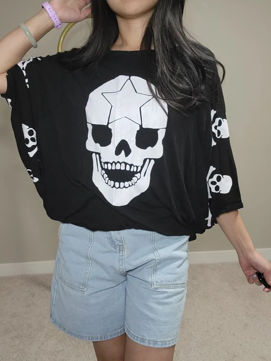 Skull Print Oversized T-Shirt - Black thumbnail