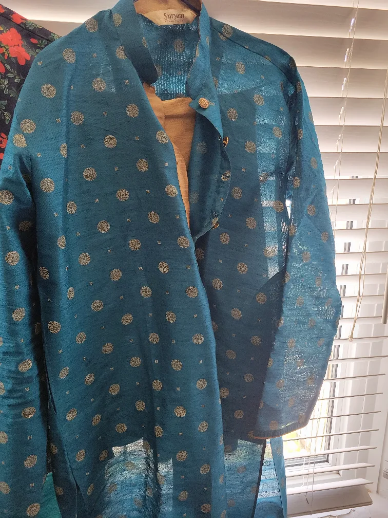 Teal and Gold Patterned kurta thumbnail