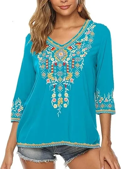 Blue Exquisite Mexican Embroidered Blouse image indicator(3)