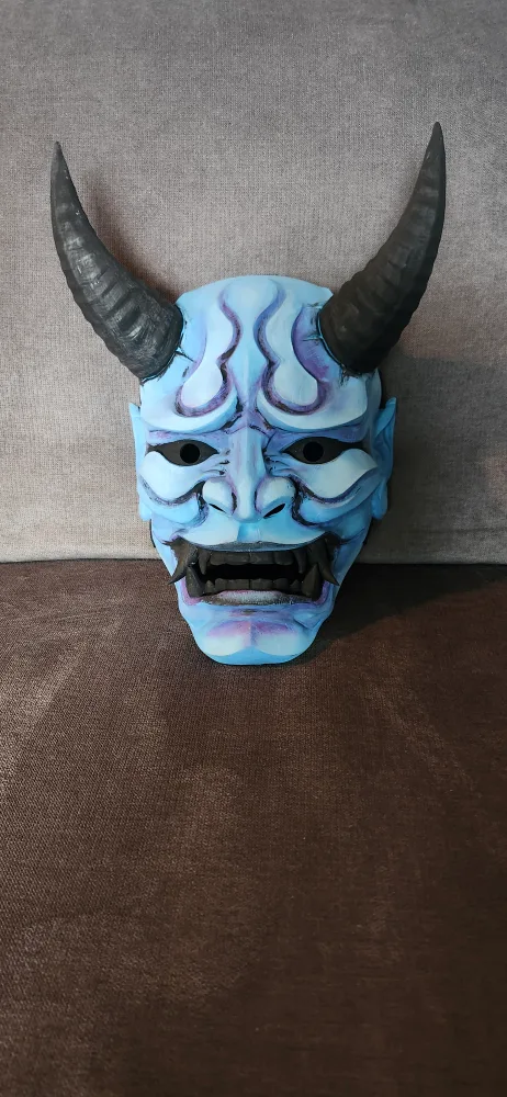 Light Blue Oni Mask with Black Horns thumbnail