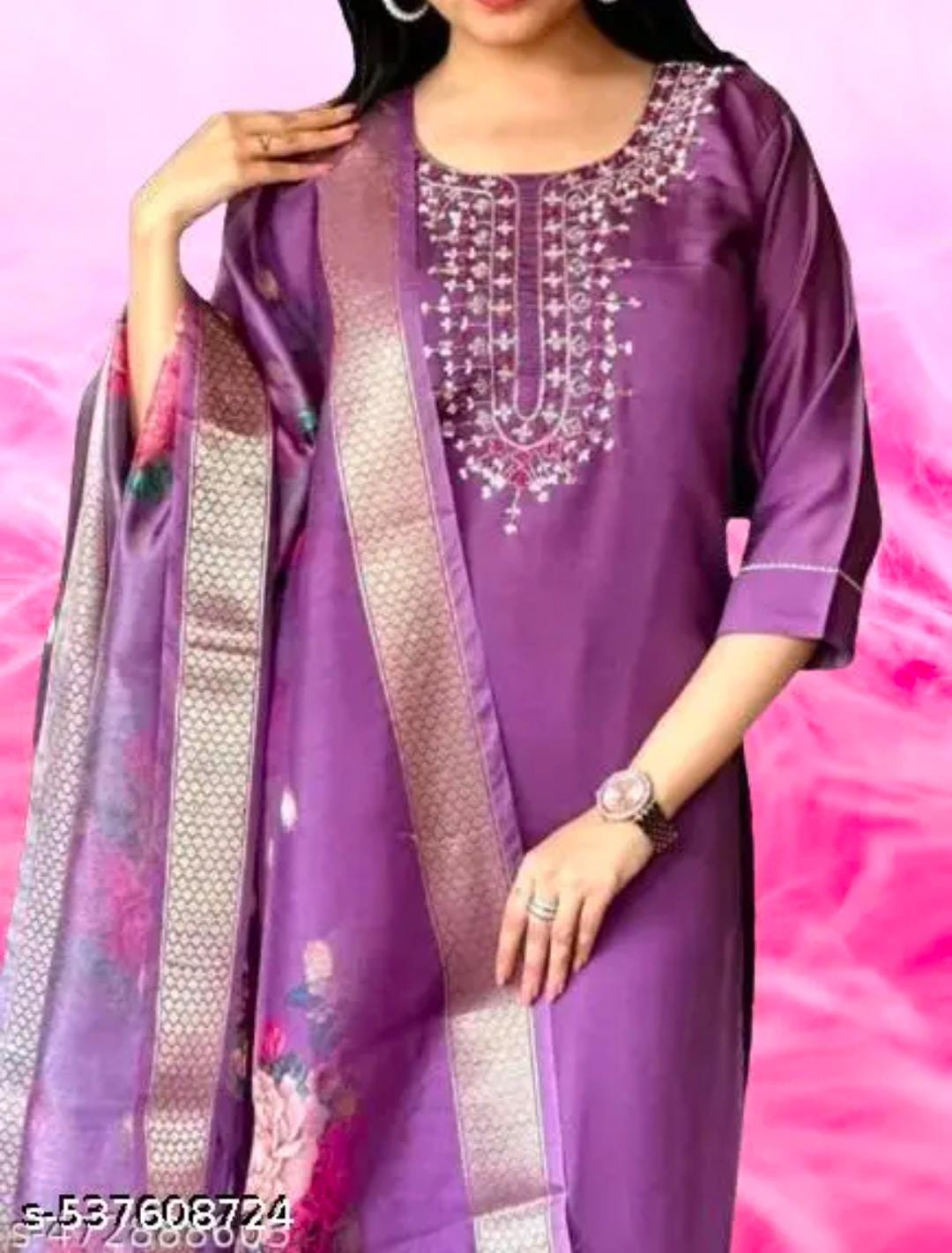 Purple Embroidered Kurta Suit with Scarf