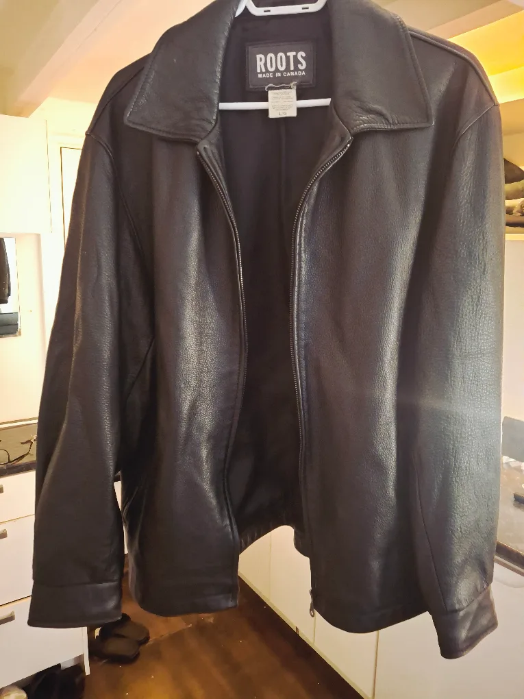 Roots Black Leather Jacket - Size L/G thumbnail