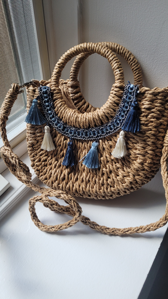 Woven Straw Handbag with Tassels - photo 3