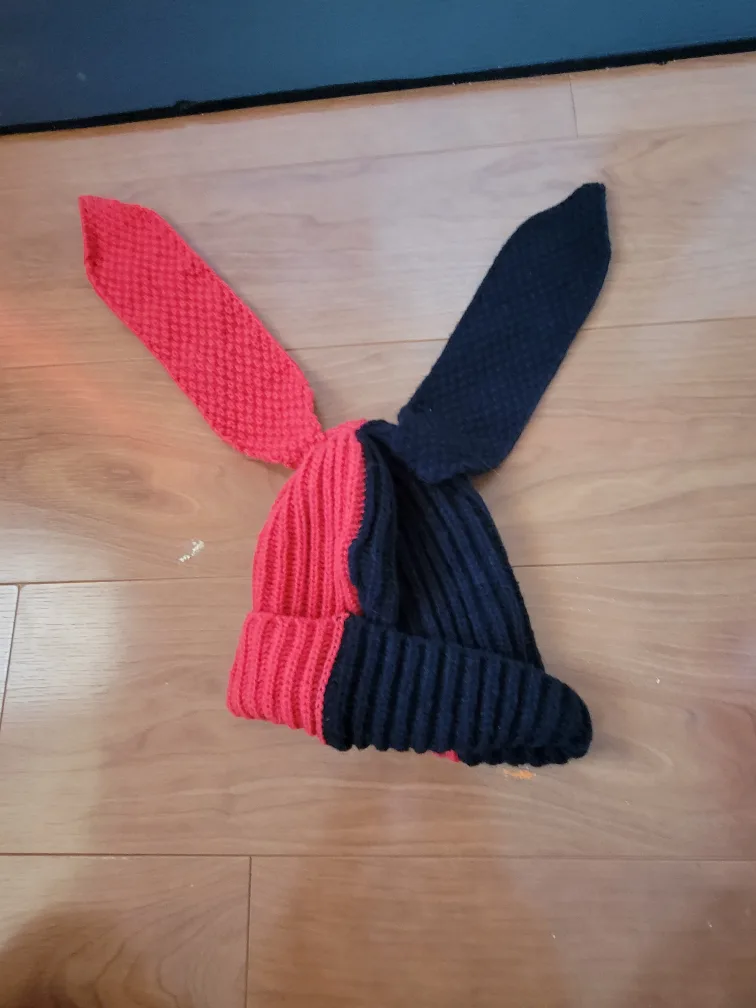 Handmade Knit Bunny Ear Beanie - Red & Black thumbnail
