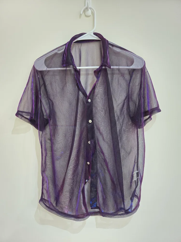 Men's Sheer Purple Button Up Shirt thumbnail