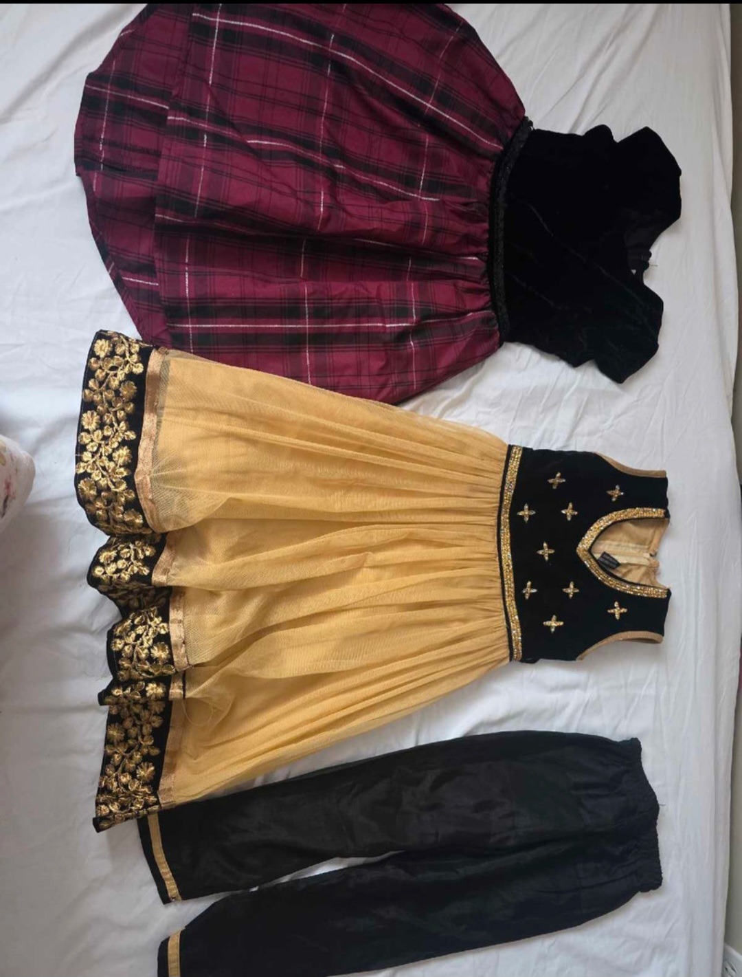Kids' Burgundy Plaid & Gold Dress Set. Both for $10