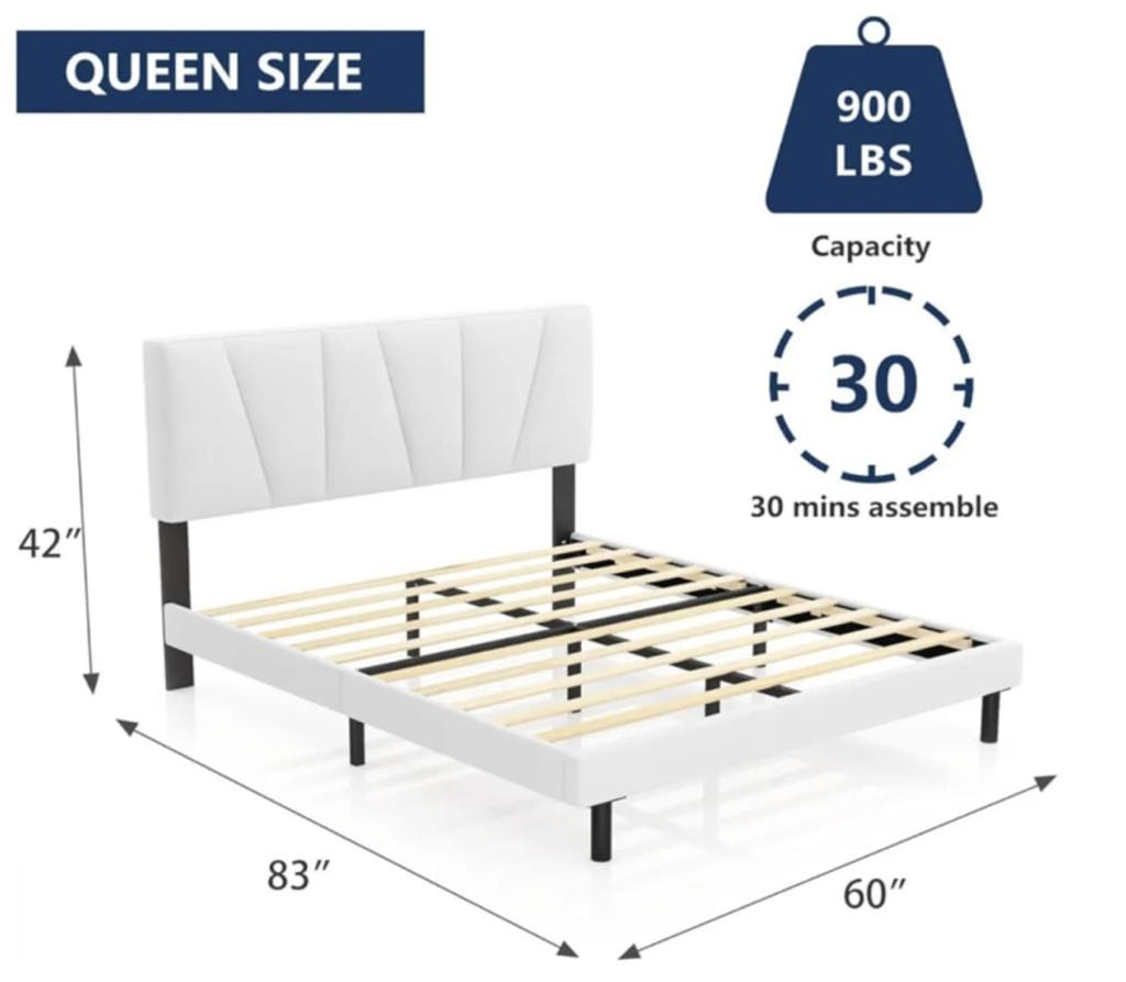 Queen Size Bed Frame with Headboard, White - photo 3
