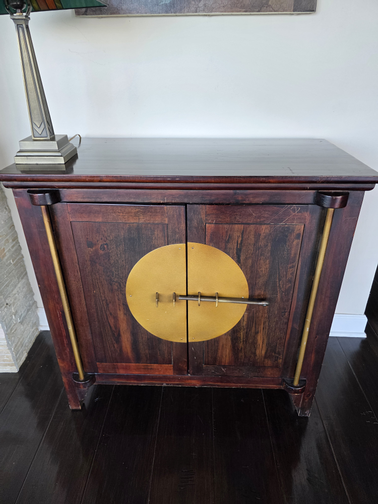 3 Dark Wood Cabinets with Gold Accents