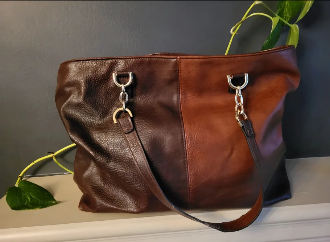 ❣️ Therapy Brown Tote Vegan Leather Handbag w Keychain Charm image indicator(2)