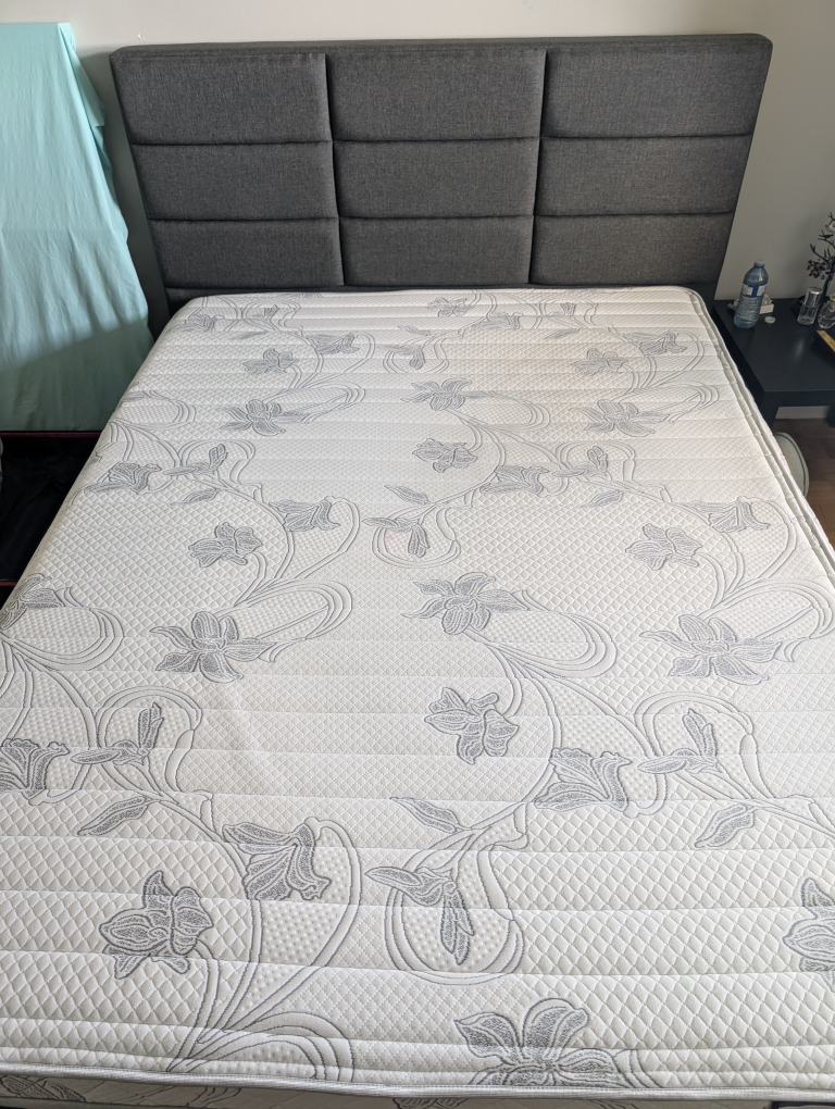 Queen Size  bed frame and mattress with blanket