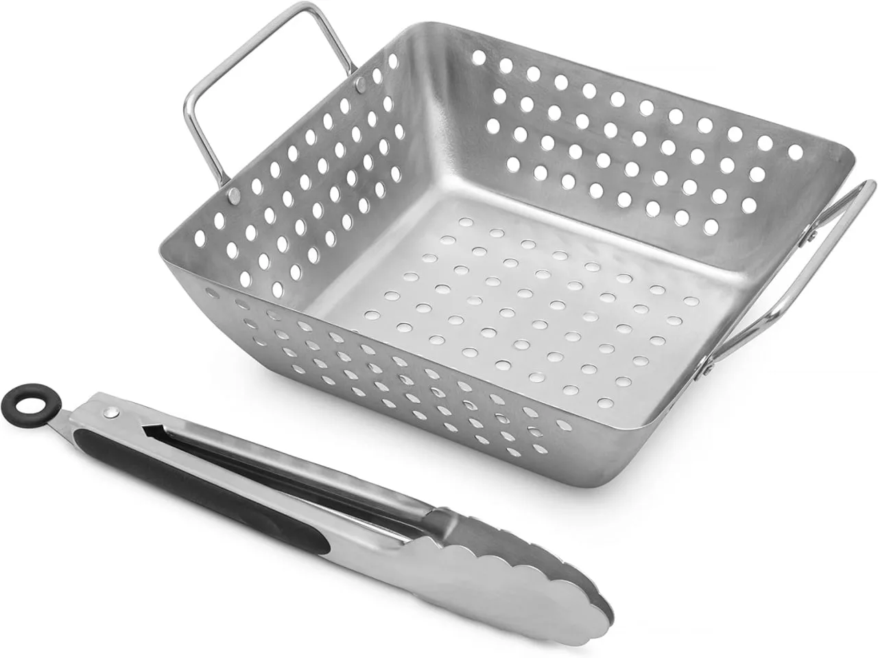 NEVRY Stainless Steel BBQ Grill Basket + Tongs Set thumbnail