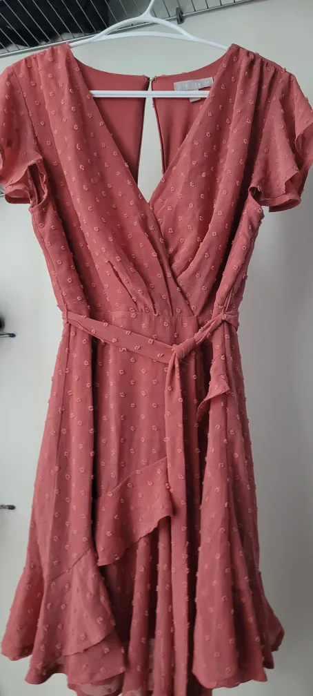 Coral Wrap Dress with Flutter Sleeves thumbnail
