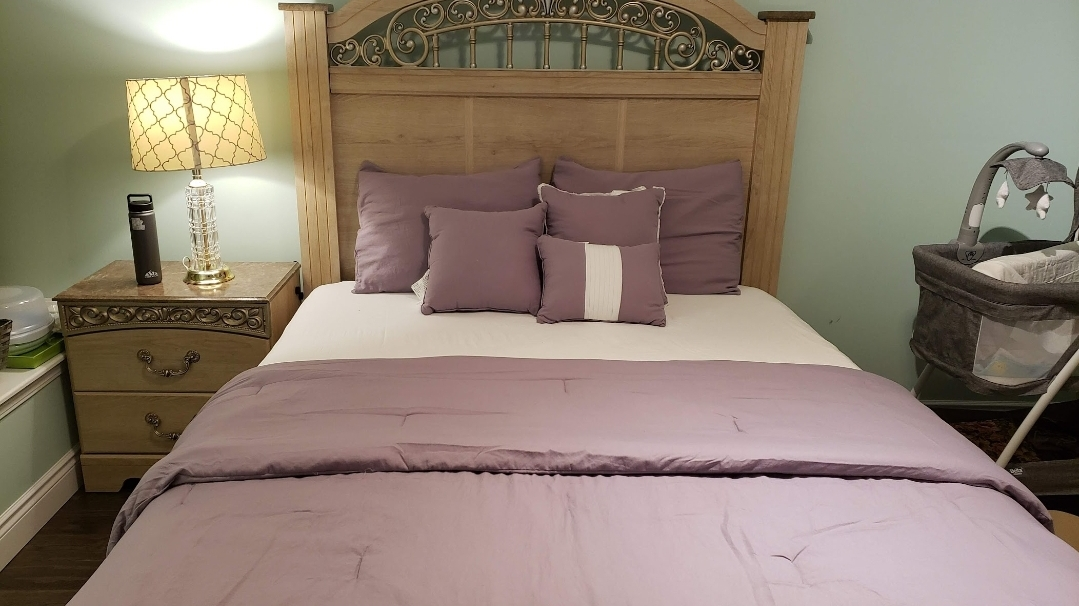 Queen Bed with Dresser Mirror and Night Stand