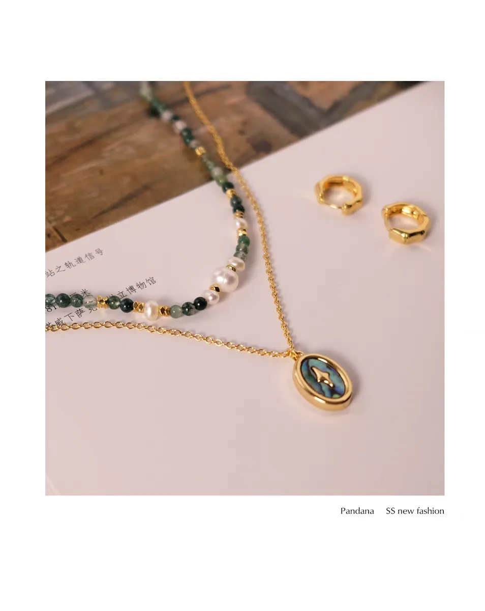 18K gold plated natural stone necklace w/ fresh water pearl thumbnail