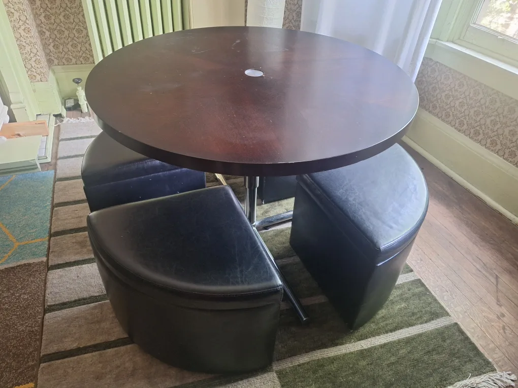 Round Dining Table Set + 4 Ottomans with wheels & storage space image indicator(2)