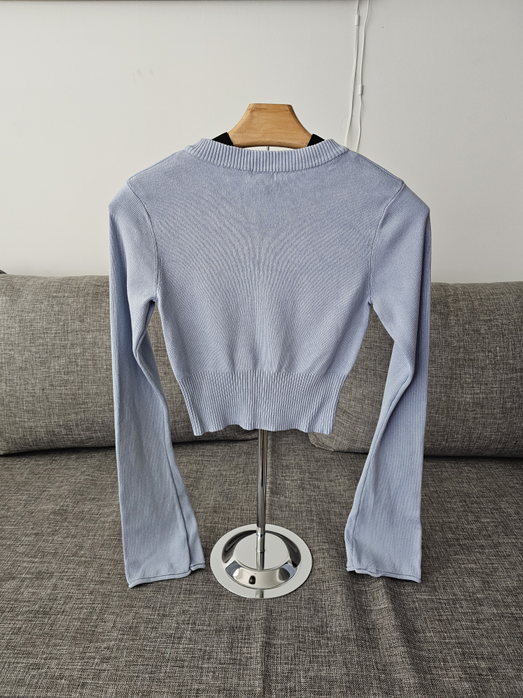Light Blue Cropped V-Neck Bell Sleeve Knit Sweater - photo 2