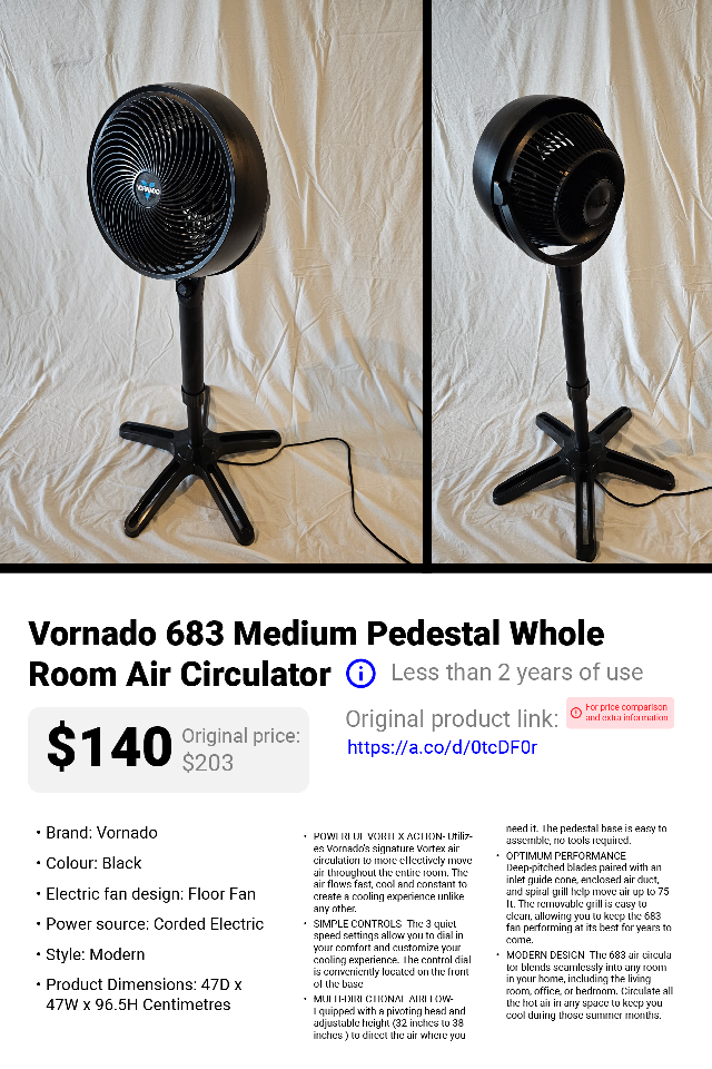 Vornado 683 Medium Pedestal Room Air Circulator - Black - photo 3