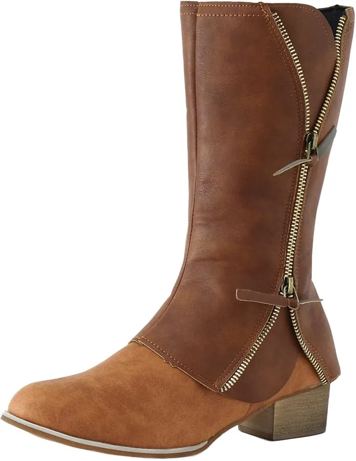 Ladies Vintage Solid Leather Double Zipper Thick Heel image indicator(4)