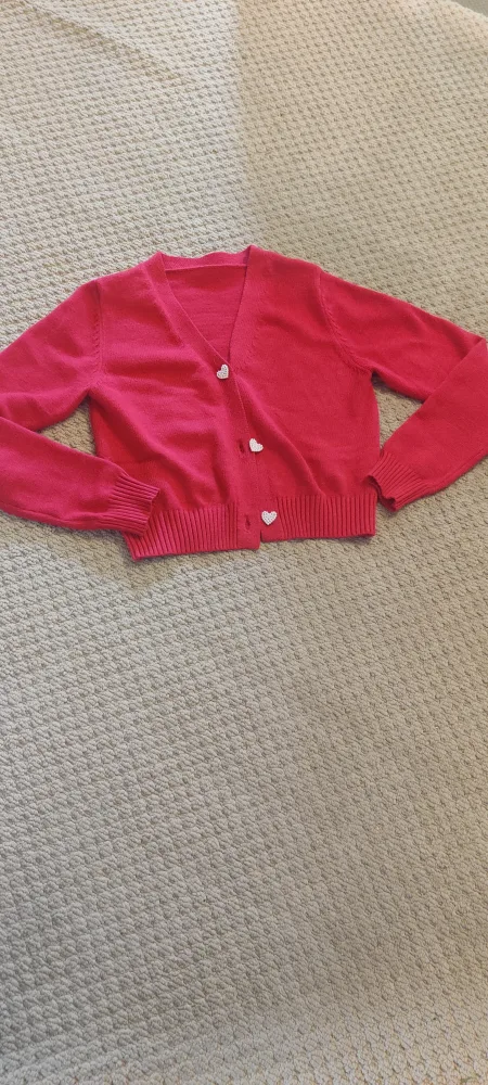 Red Cardigan Sweater with Heart Buttons image indicator(2)