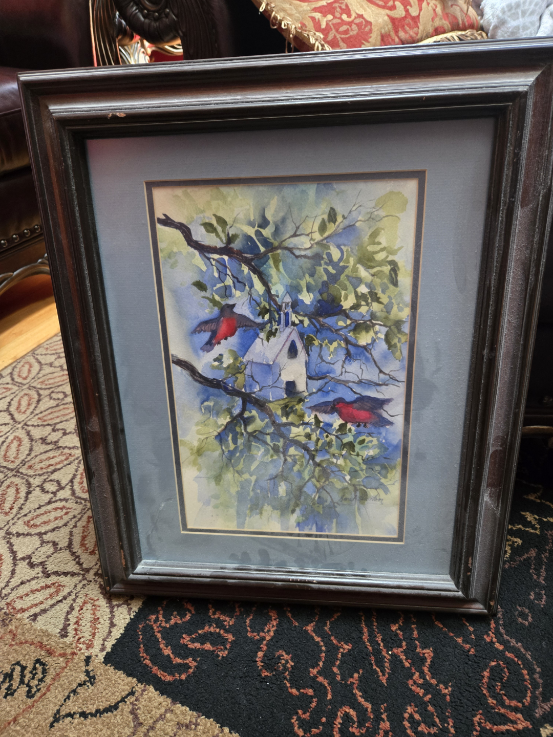 Framed Watercolor Painting - Birds and Chapel