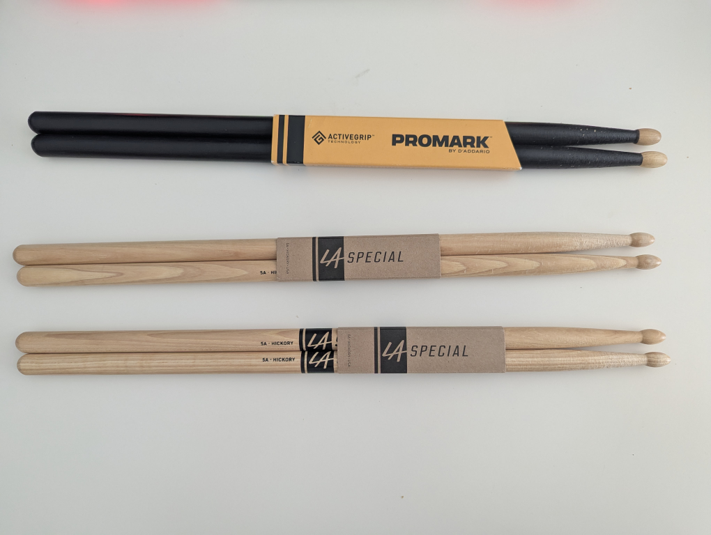 Drumsticks: Promark ActiveGrip 5B & LA Special 5A Hickory