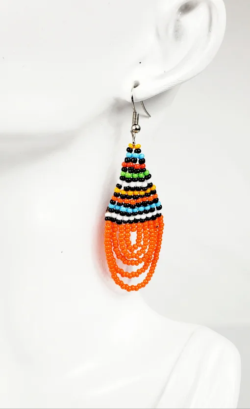 Handcrafted African earrings made of orange and colorful beads thumbnail