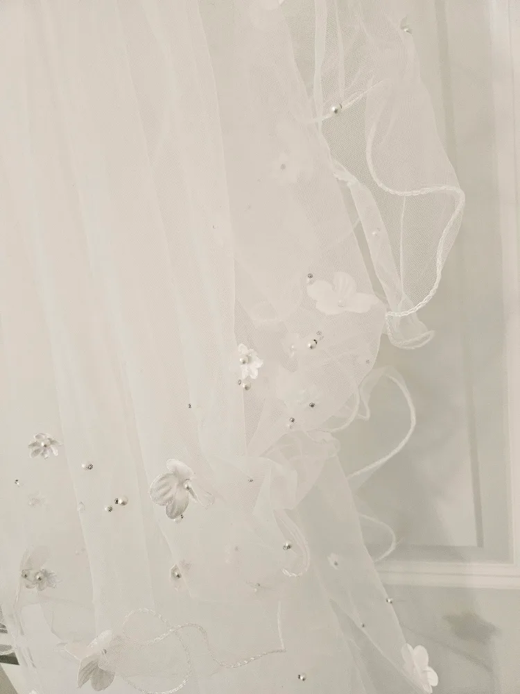 2 Tier Ivory Long Wedding Veil with Floral Accents and comb image indicator(3)