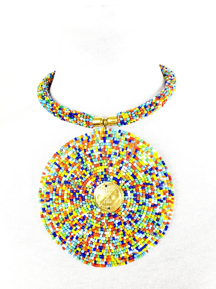 Handmade African necklace with multicolored beads and brass thumbnail
