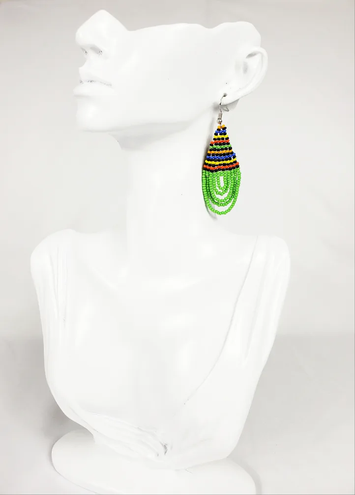 Handcrafted African earrings made of green and colorful beads thumbnail