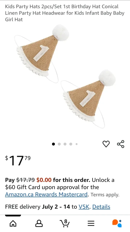 Brand New 2pcs/Set 1st Birthday, Party Prop Conical Linen Hat thumbnail