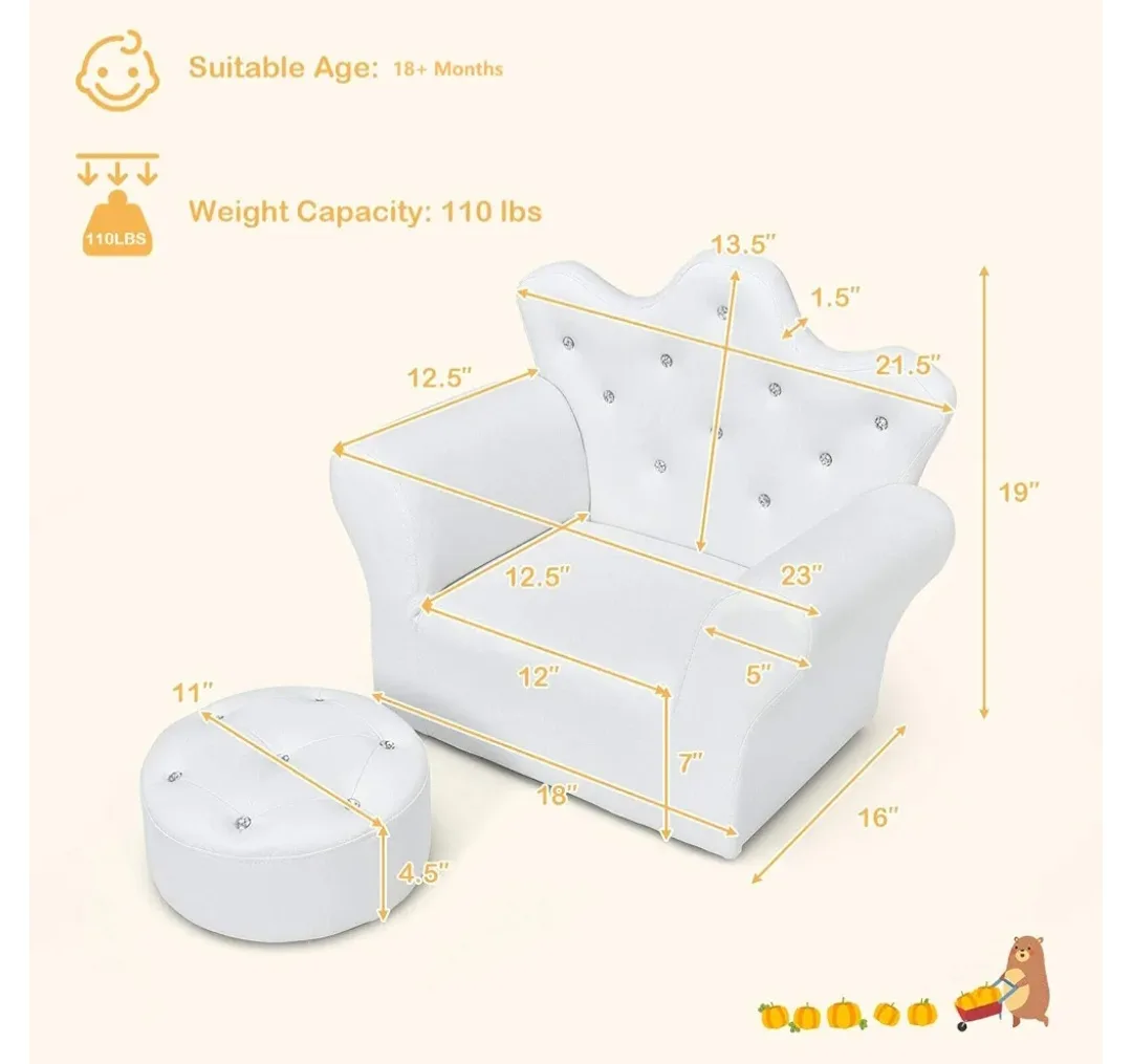 Kids White Crown Sofa Chair + Ottoman, 18+ Months image indicator(5)