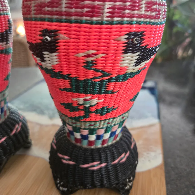 Vintage 1960s Scoubidou vases with Chinoiserie motif 10.5 " image indicator(3)