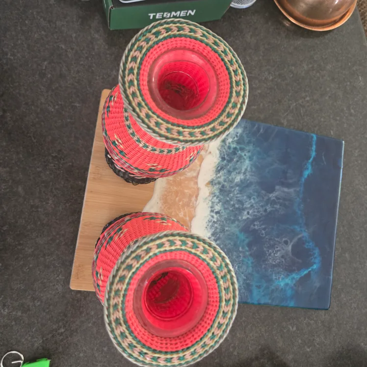 Vintage 1960s Scoubidou vases with Chinoiserie motif 10.5 " image indicator(6)