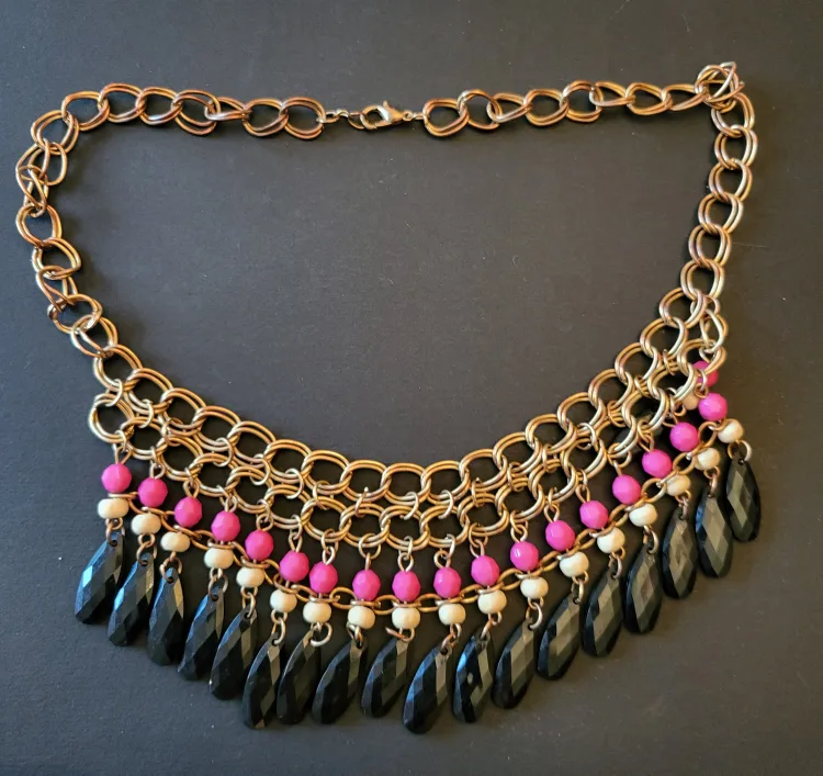 Statement Necklace - Gold Tone, Pink, Black thumbnail