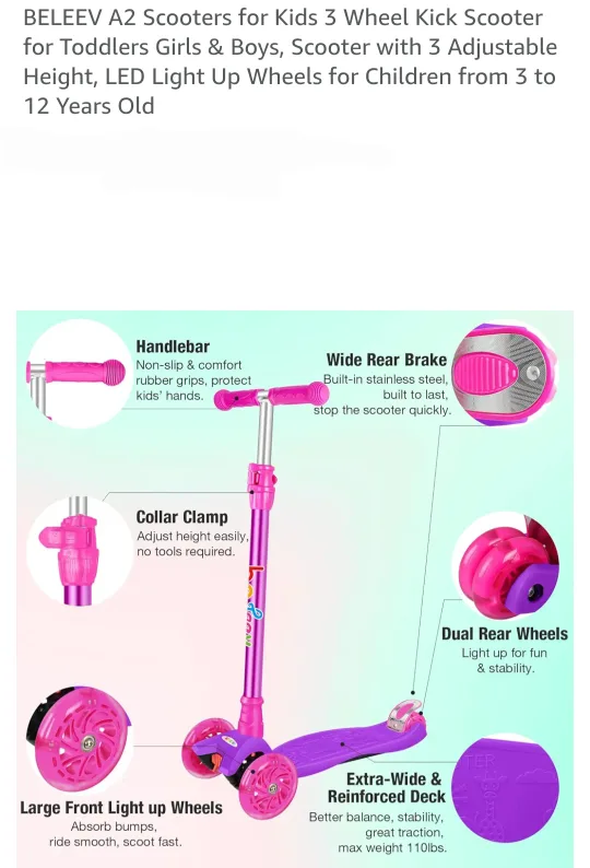 Beleev A2 Kick Scooter For Kids - Pink thumbnail