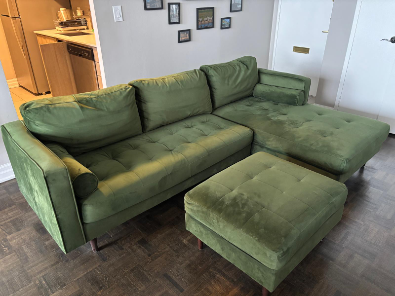 Green Velvet Sectional Sofa with Ottoman - photo 3