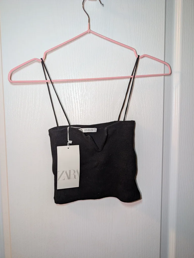 Zara Black Ribbed Crop Top - Size S thumbnail