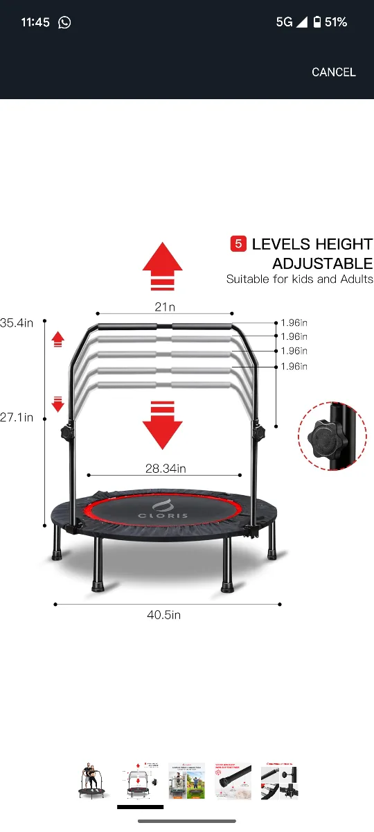Cloris Mini Trampoline with Adjustable Handle Bar image indicator(2)