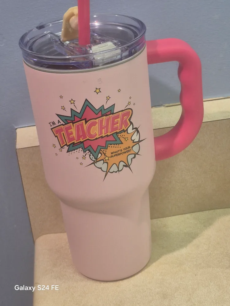 Pink Teacher Tumbler with Handle & Straw thumbnail