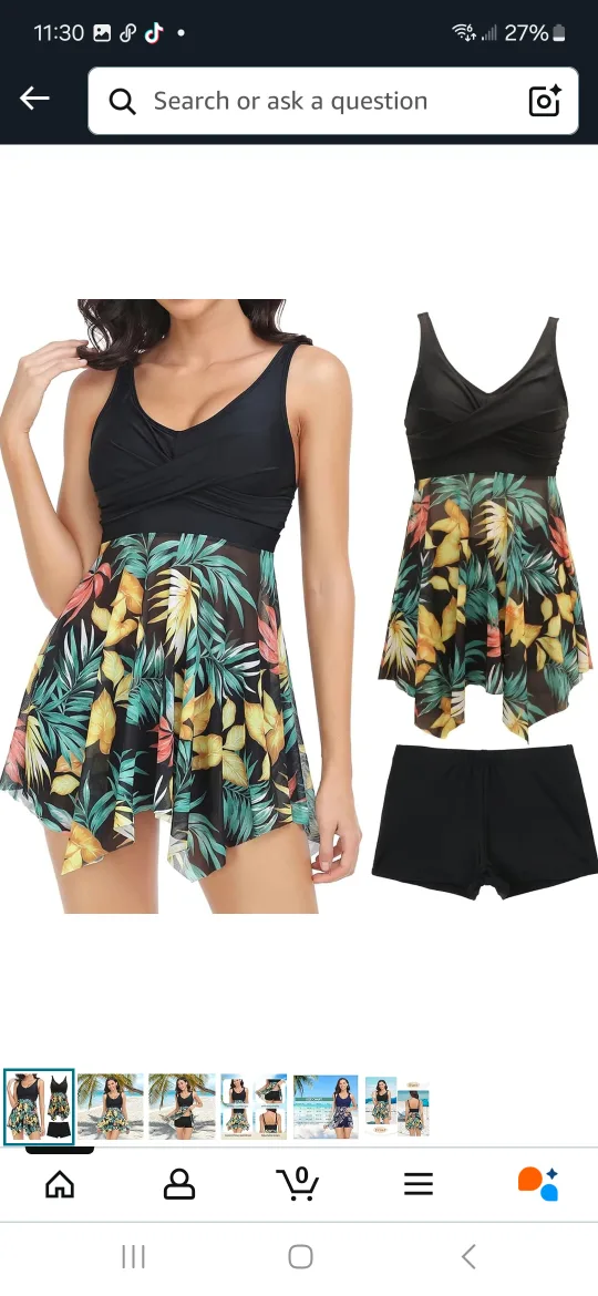 Black Floral Swim Dress and bootie shorts thumbnail