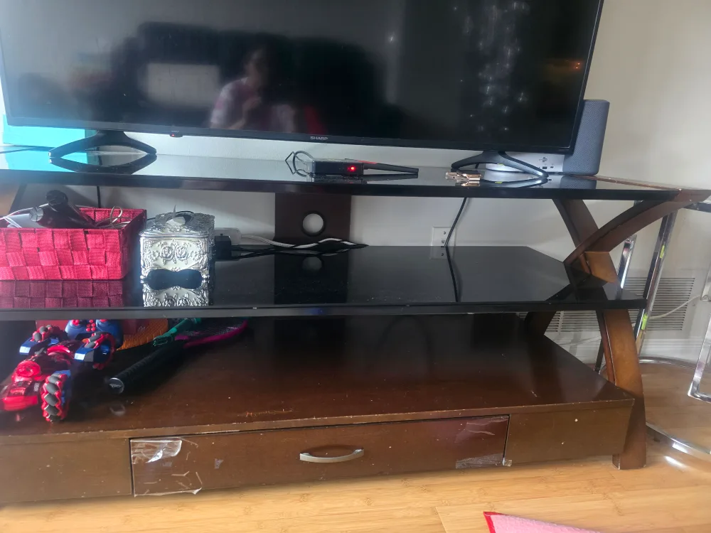 Used TV Stand with Glass Top & Wooden Frame image indicator(4)