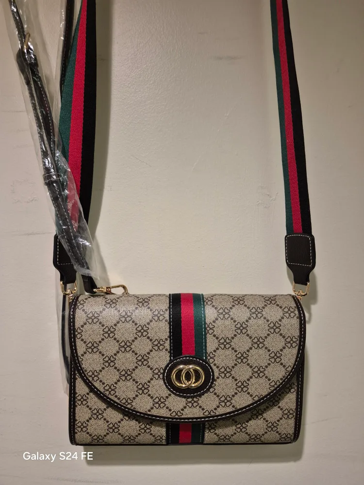 Patterned Crossbody Bag with Striped Strap thumbnail