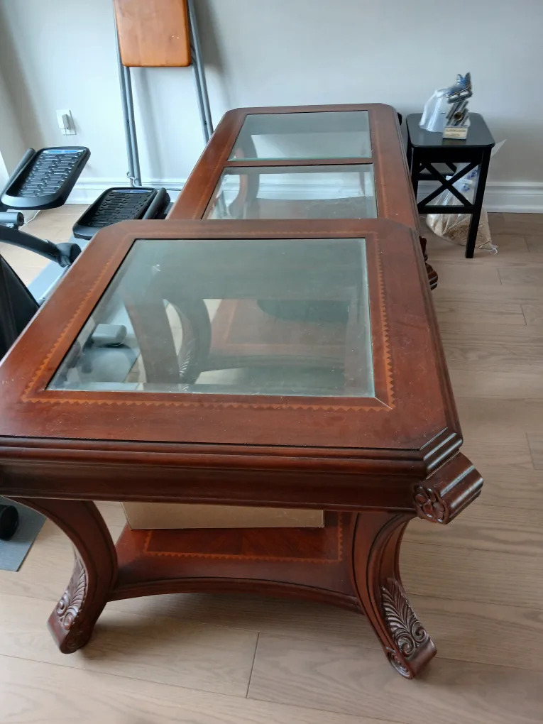 Solid wood coffee table and side table with glass top thumbnail