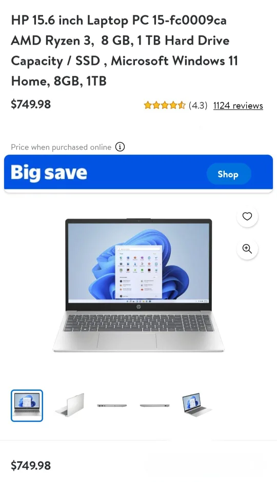 HP 15.6 inch Laptop PC 15-fc0009ca - Ryzen 3, 8GB, 1TB thumbnail