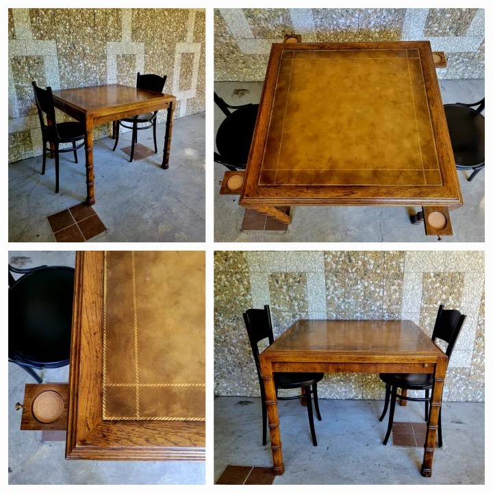 Antique Solid Oak Leather Bound Top Games Table thumbnail