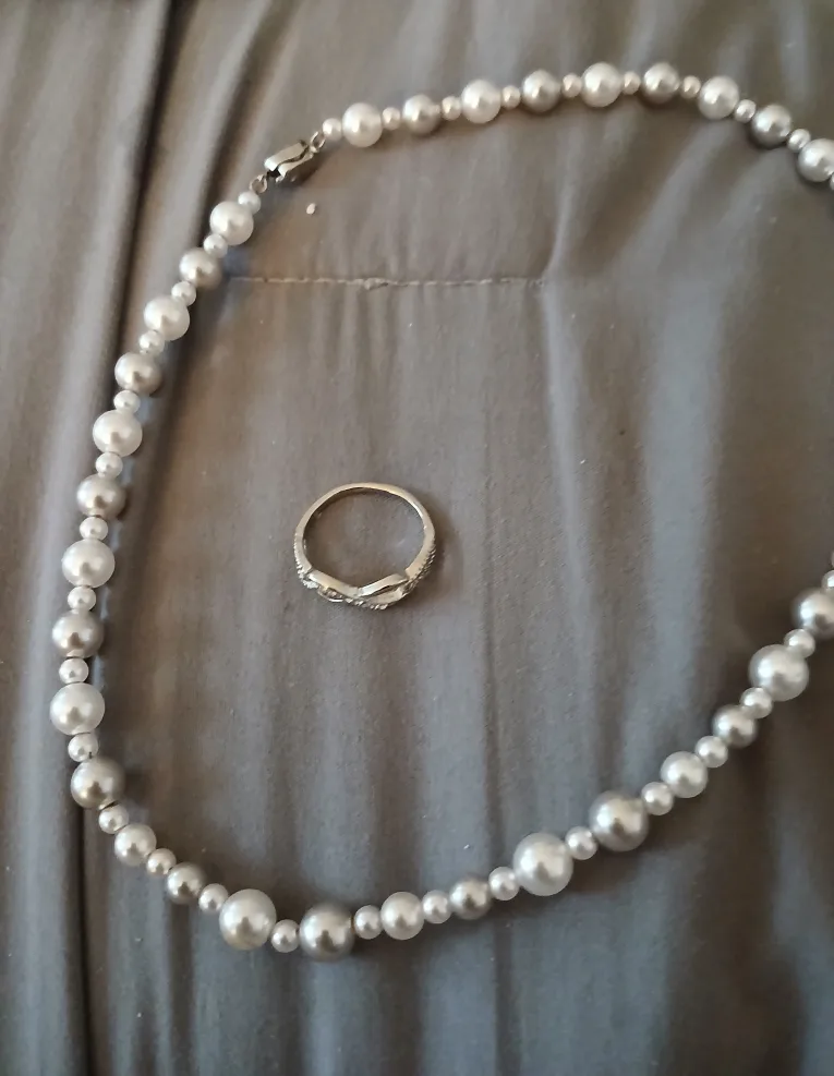 Faux pearl Necklace & Silver Ring Set thumbnail