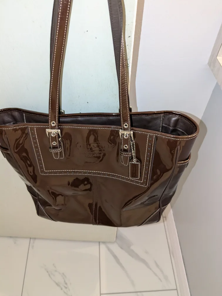 Coach Brown Authentic Patent Leather Tote Bag thumbnail